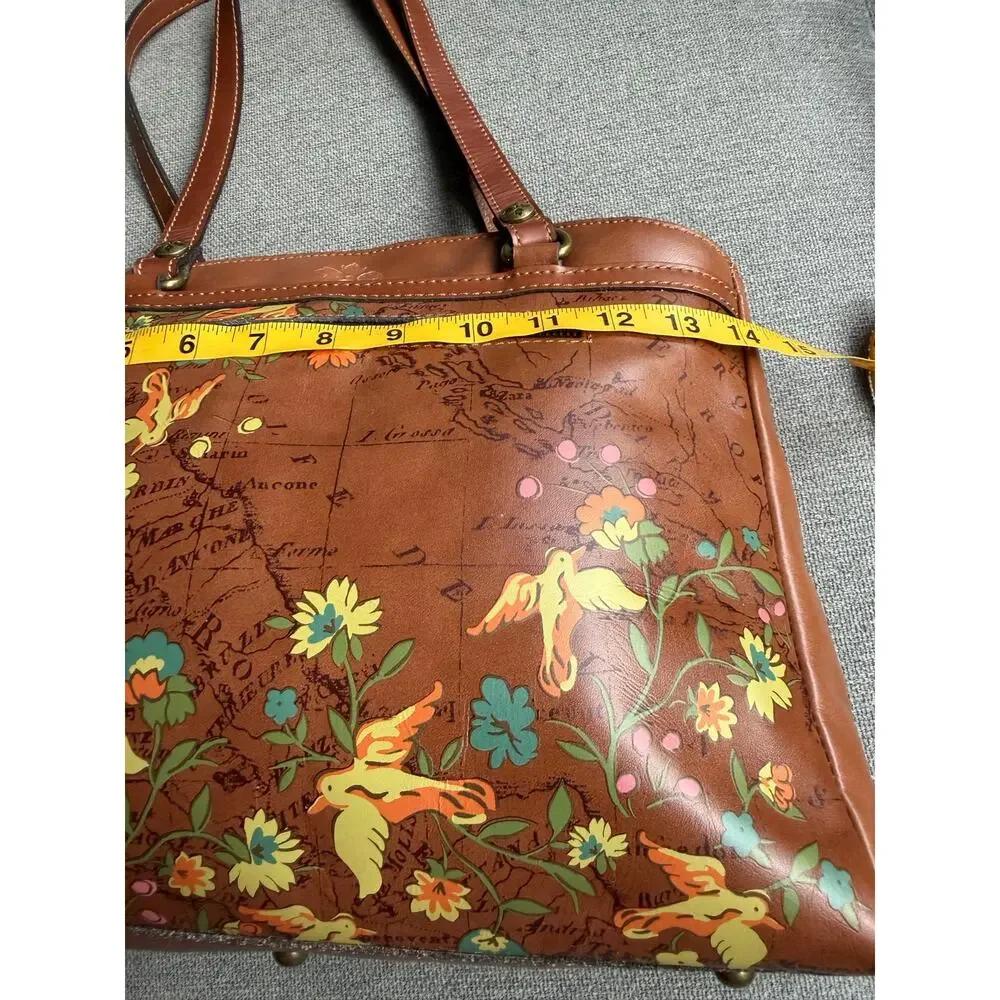 Patricia Nash Poppy Leather Boho Tote Shoulder Bag Floral Bird Map Print Tan